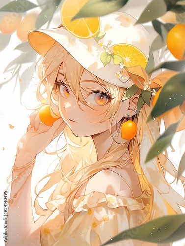 A beautiful digital illustration of a young woman with blonde hair and orange-themed accessories in a garden setting.