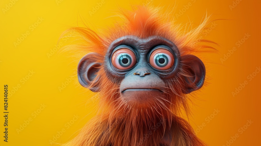 Vibrant portrait of an orange-haired monkey with wide eyes and a surprised expression, set against a sunny yellow background, emphasizing its playful demeanor. Vibrant portrait of an orange-haired monkey with wide eyes and a surprised expression, set against a sunny yellow background, emphasizing its playful demeanor.