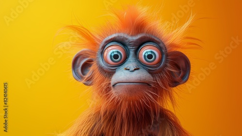 Vibrant portrait of an orange-haired monkey with wide eyes and a surprised expression, set against a sunny yellow background, emphasizing its playful demeanor.