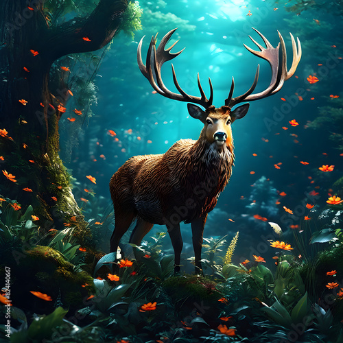 Guardian of the Orange Bloom, Stag in a Vibrant Forest, Forest, OrangeFlowers, Stag, Illustration, Nature, GenerativeAI
 photo