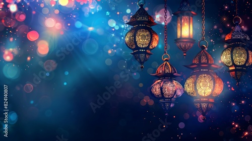 silhouette of mosque with ornament lamp on background abstract colorful