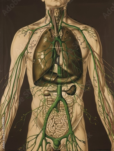 Fluid defenders: lymphatic system - the body's frontline defense, the intricate network of vessels and nodes that safeguard against infection and maintain fluid balance. photo