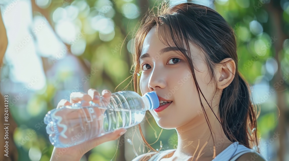 Asian woman drinking water after exercise at the park. During the summer Asian woman drinking water after exercise at the park. During the summer