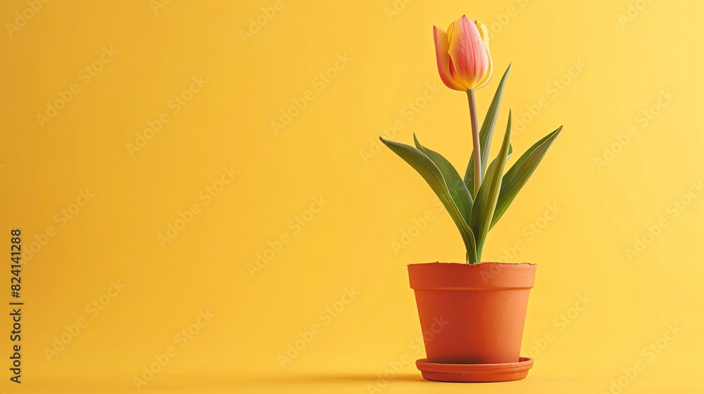 A potted tulip isolated on a yellow background with space for text A potted tulip isolated on a yellow background with space for text