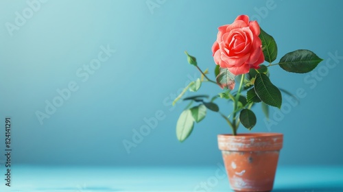 A potted rose isolated on a blue background with space for text