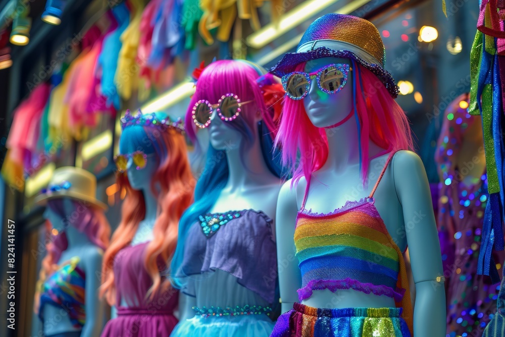 Mannequins dressed in vibrant rainbow-themed clothing and accessories, wearing colorful wigs and sunglasses. Window display celebrates Pride Month, emphasizing inclusivity, diversity, festive spirit.