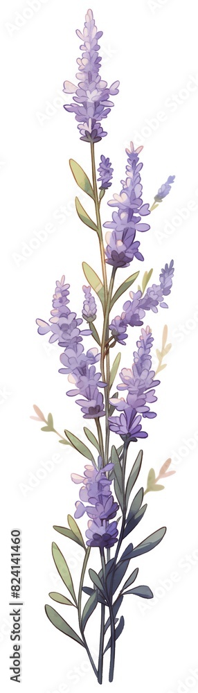 Beautiful illustration of a lavender flower stem with delicate purple blooms and green leaves, artistically drawn on a white background. Beautiful illustration of a lavender flower stem with delicate purple blooms and green leaves, artistically drawn on a white background.