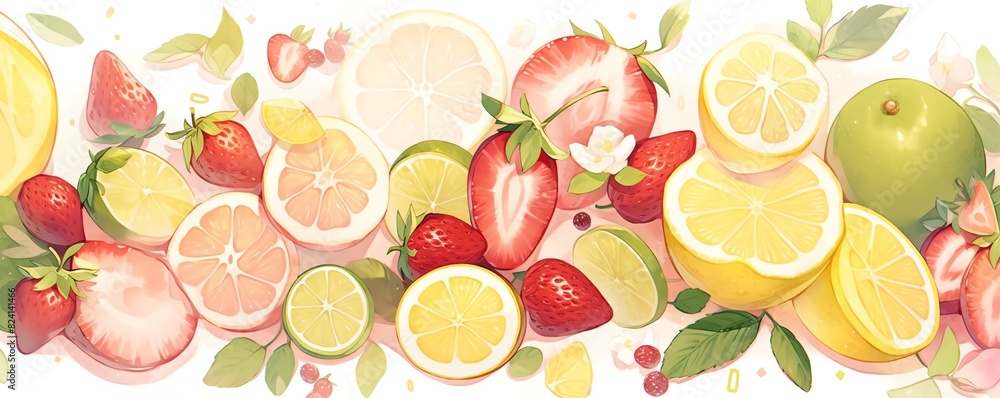 Bright and colorful illustration of various fresh fruits including strawberries, citrus, lemons, and limes, arranged in a vivid and lively composition.