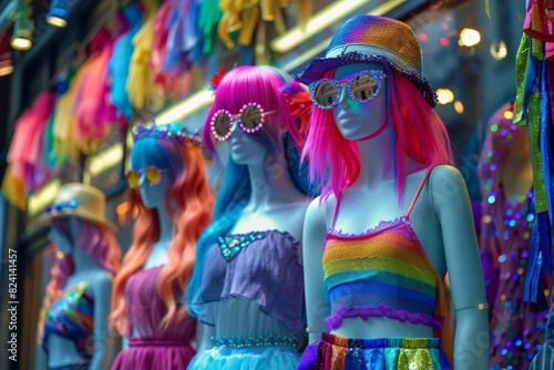 Mannequins dressed in vibrant rainbow-themed clothing and accessories, wearing colorful wigs and sunglasses. Window display celebrates Pride Month, emphasizing inclusivity, diversity, festive spirit.