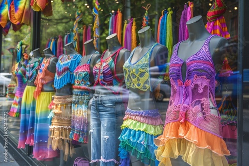 Storefront with mannequins dressed in colorful, vibrant outfits and rainbow-themed accessories. festive atmosphere of Pride Month, celebrating LGBTQ+ community, diversity, and joyful self-expression.