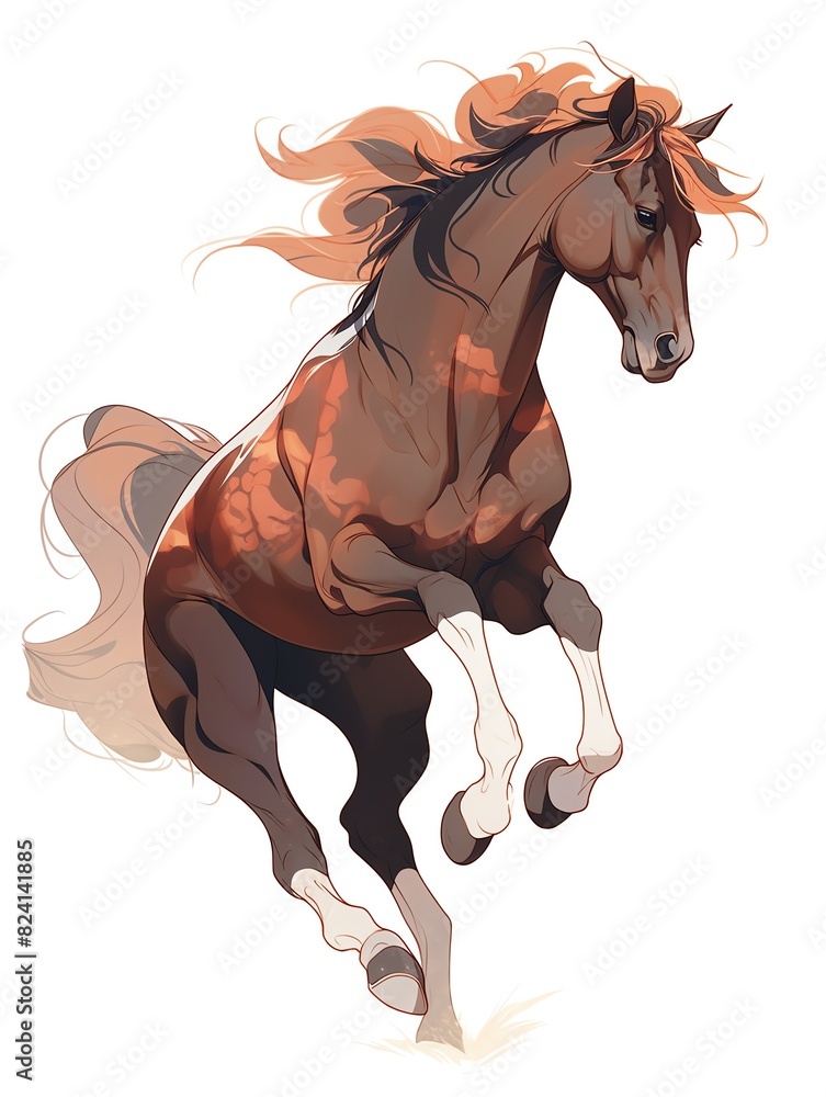 Illustration of a majestic brown horse with flowing mane, mid-gallop, showcasing its strength and grace against a white background. Illustration of a majestic brown horse with flowing mane, mid-gallop, showcasing its strength and grace against a white background.