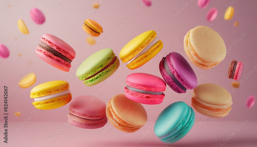 Various colorful of macarons floating in the air with motion blur pink background
Various colorful of macarons floating in the air with motion blur pink background