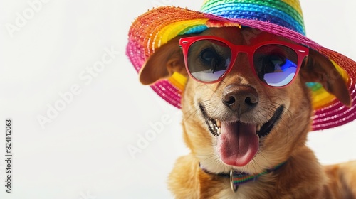 Funny Party Dog with Colorful Summer Hat and Stylish Sunglasses on White 