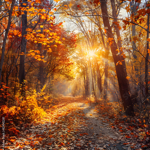 Golden Autumn Forest Pathway with Sunlight Filtering Through the Canopy