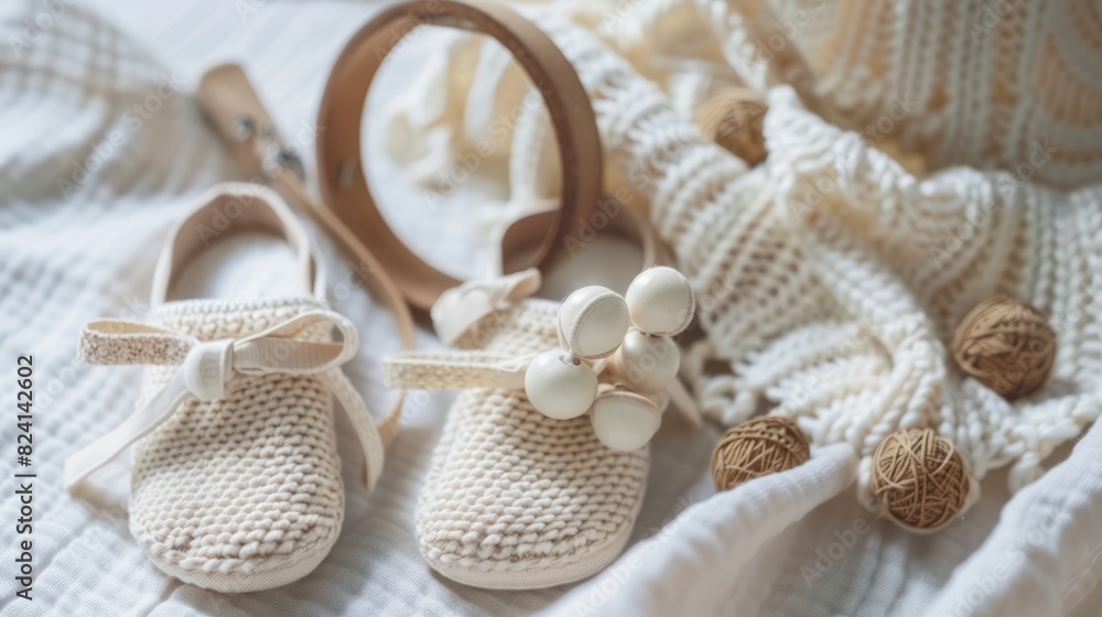 Baby shoes and teethers. Organic newborn accessories. copy space Baby shoes and teethers. Organic newborn accessories. copy space