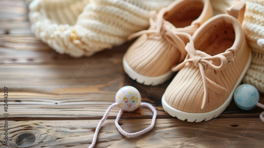 Baby shoes and teethers. Organic newborn accessories. copy space Baby shoes and teethers. Organic newborn accessories. copy space
