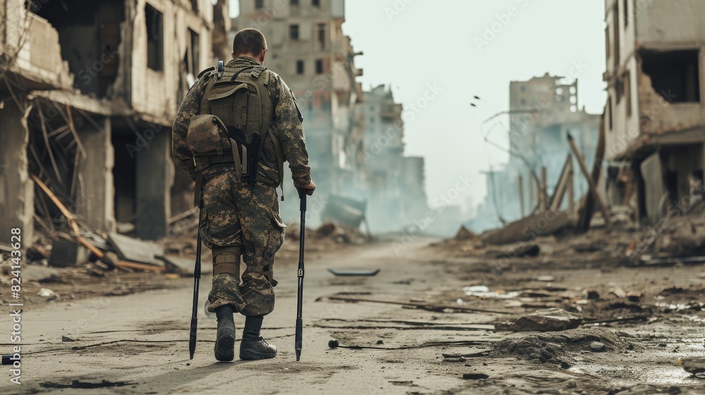 A lone soldier with a crutch walks through a devastated urban landscape, reflecting the harsh realities of war and destruction