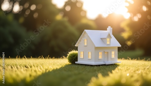 A small white house model sitting on a grassy field with a blurred natural background and warm lighting