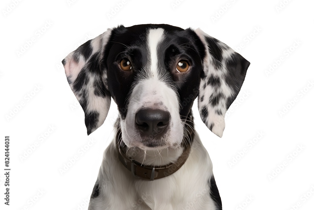 Close up of unique coated dog with white face, black patches, droopy ears, expressive eyes