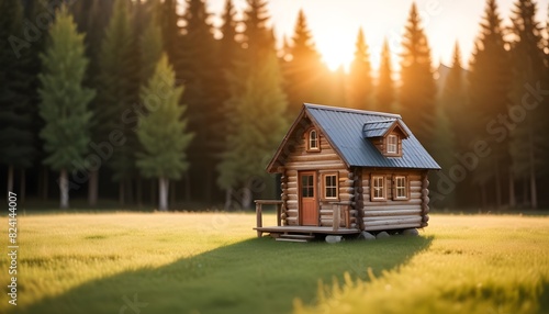 A tiny cabin sitting on a grassy field with a blurred natural background and warm lighting