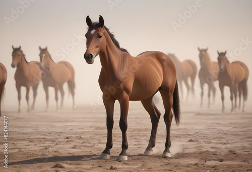 A young horse standing in a dusty field, with other horses visible in the background