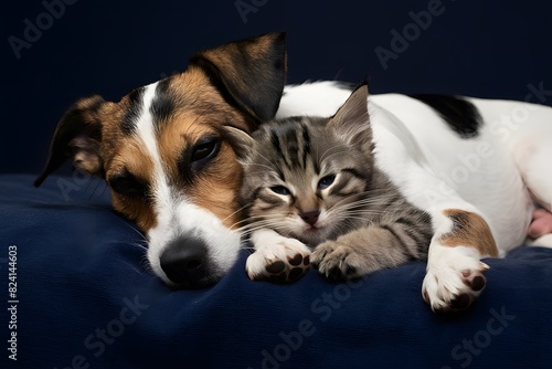 Jack Russell Terrier and kitten share tender moment, snuggled close in deep slumber