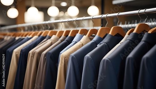 Rows of men's suits and jackets hanging on clothing racks in a retail store