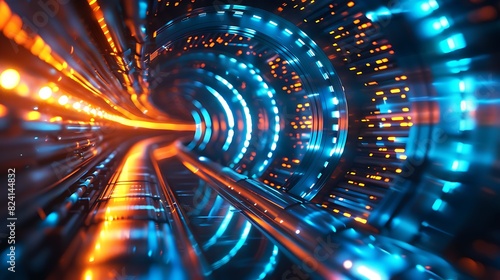an abstract representation of a tunnel with blue and orange lights.