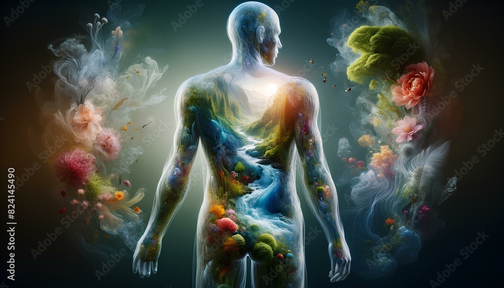 The image shows a translucent human figure with nature elements like flowers, trees, and a river inside and around it. The image shows a translucent human figure with nature elements like flowers, trees, and a river inside and around it.