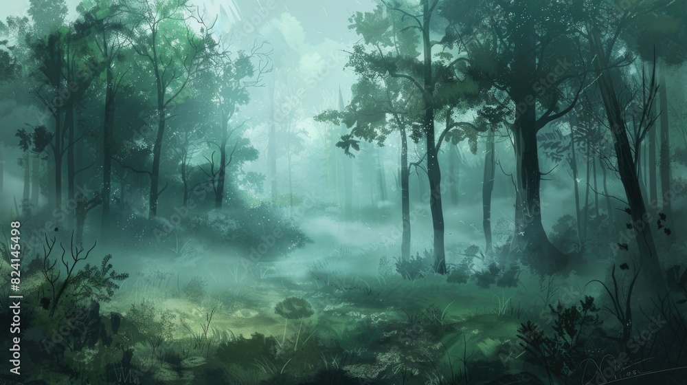 Obraz premium A misty forest with towering trees background. Towering trees accompanied by beautiful plants and flowers