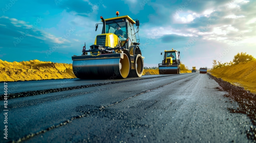Road rollers working on the new road construction site generative ai Road rollers working on the new road construction site generative ai