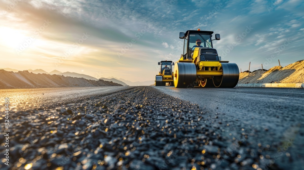 Road rollers working on the new road construction site generative ai Road rollers working on the new road construction site generative ai
