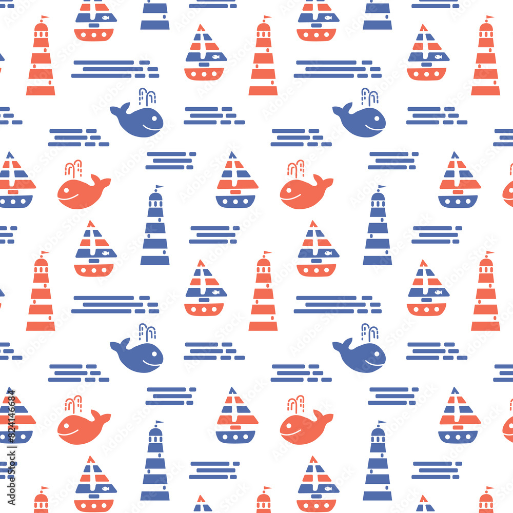 Retro abstract pattern with sea, whales, sailboat and lighthouse. Marine summer pattern for print design. Seamless vector pattern. Vector background illustration.