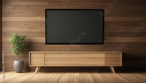 Interior home of living room with cabinet for TV LED on wooden wall copy space  hardwood floor