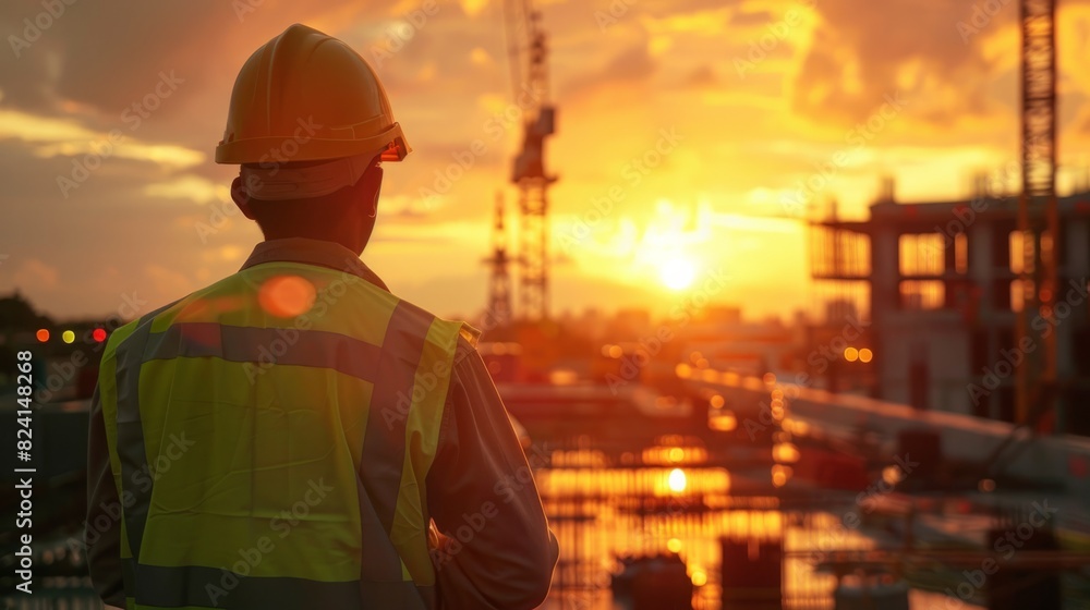 Construction engineer with safety standard looking at building at construction site with sunset. generative ai Construction engineer with safety standard looking at building at construction site with sunset. generative ai