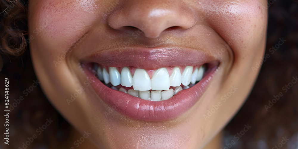 Obraz premium Beautiful young woman female smiling showing perfect white teeth. Dental stomatology whitening and treatment advertisement concept.