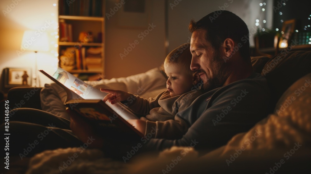 Father and child reading together at night Fathers day Father and child reading together at night Fathers day