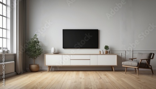 Interior home of living room with sideboard cabinet for TV on empty white wall copy space