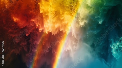 A vibrant multicolored rainbow nestled in the spray of a powerful roaring waterfall. photo