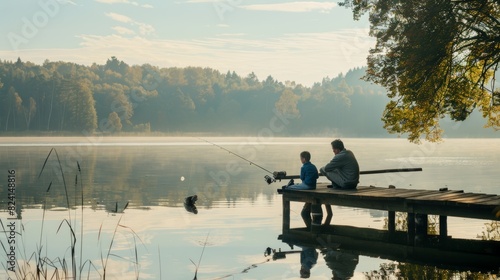 Serene fishing moment with father and child Fathers day