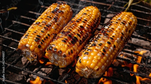 Three Ears Of Corn On The Cob Are Grilled To Perfection Over An Open Flame.