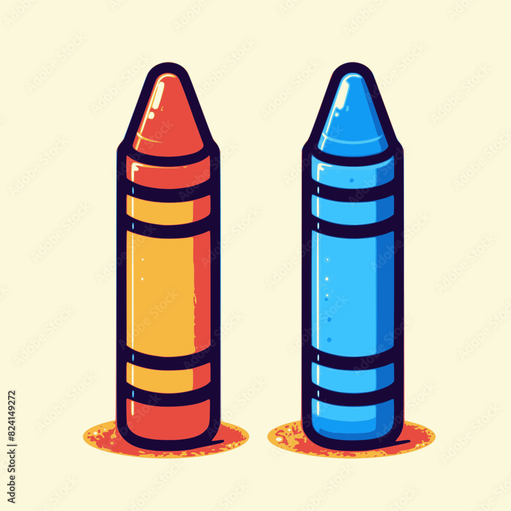 two crayons, one red with a yellow label and one blue with a lighter blue label, both depicted at an angle and having a cartoon-like appearance
two crayons, one red with a yellow label and one blue with a lighter blue label, both depicted at an angle and having a cartoon-like appearance