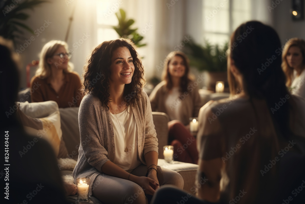 Happy young woman participating in a group meeting at home with friends in a warm, candlelit setting Happy young woman participating in a group meeting at home with friends in a warm, candlelit setting