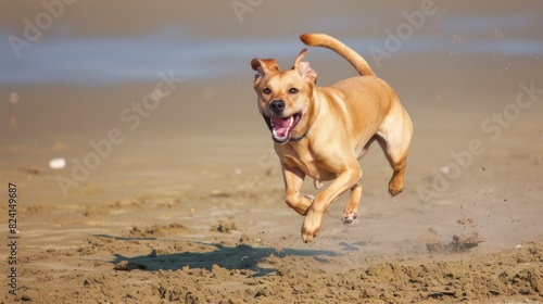 An agile beige dog captured in a dynamic leap, paws stretched out, against a sandy backdrop on a bright day.