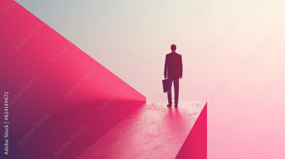 Businessman standing on a pink platform looking out at a foggy landscape Businessman standing on a pink platform looking out at a foggy landscape