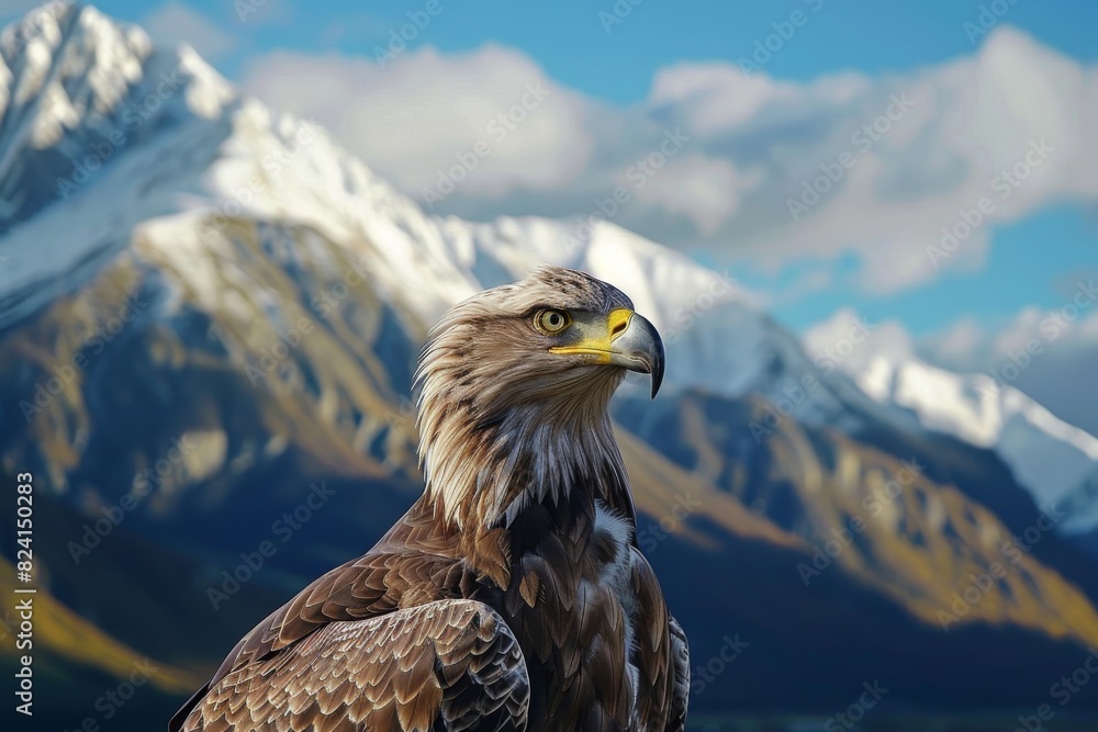 Fototapeta premium Bald eagle against snowy mountains background