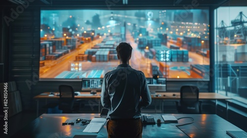 Watch a manager explain the benefits of AI in supply chain management using a 3D model of logistics networks on a projector, showcasing innovative solutions and efficiency improvements.