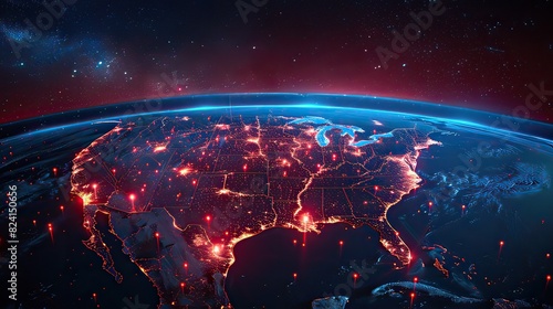 Marvel at this abstract view of North America from space, showcasing vibrant red fiber optic cables emerging from major cities, symbolizing digital connectivity and modern infrastructure.	

