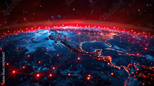 Marvel at this abstract view of North America from space, showcasing vibrant red fiber optic cables emerging from major cities, symbolizing digital connectivity and modern infrastructure. 