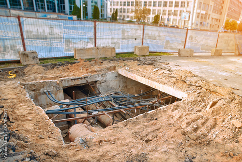 Water supply pipes and communication cables, Check up underground utility networks. Underground utility maintenance, trench for checking and repairing underground communications. photo